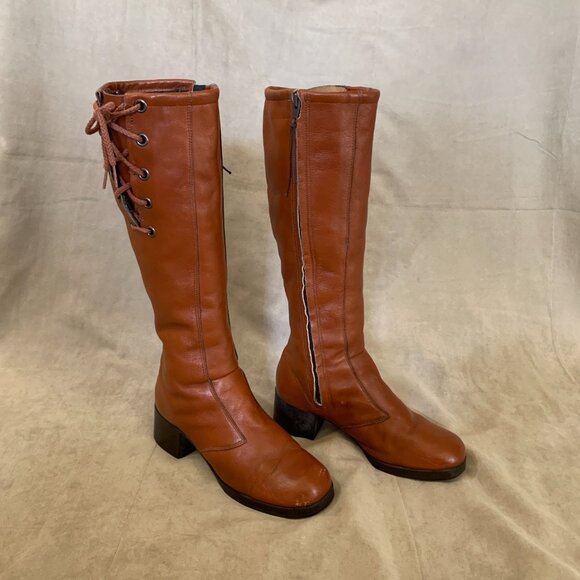 VINTAGE 1970s Brown Heeled Knee High Boots Women's Size 8 Fur Lined - Picture 3 of 9